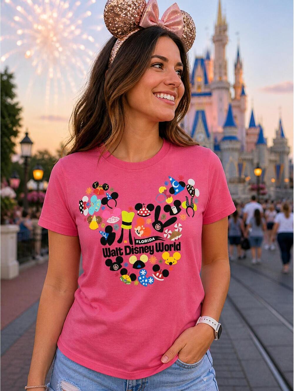 Walt Disney World  Pink T-Shirt with Mickey Ear Hat Design Size Large